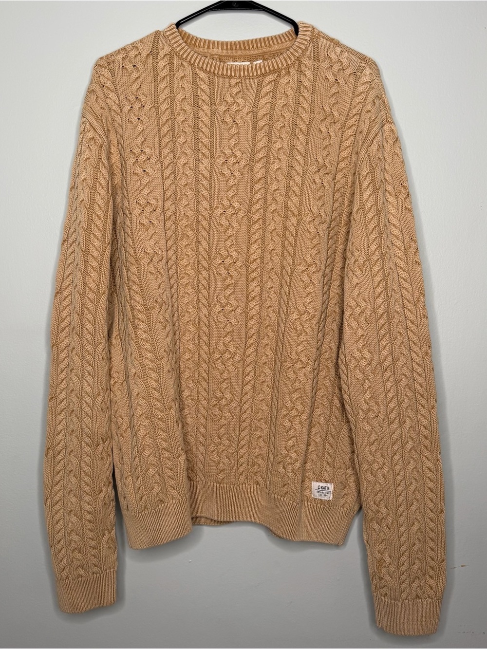 Katin Mens Cable Knit Sweater XL Tan Fisherman Crew Neck Coastal Pullover Heavy
